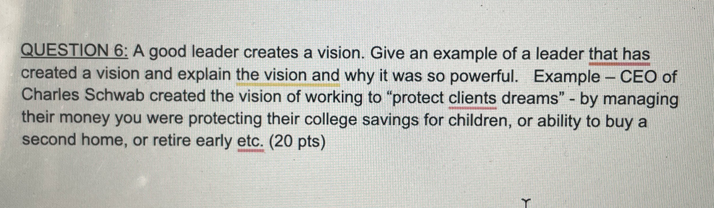  QUESTION 6: A good leader creates a vision. Give an example