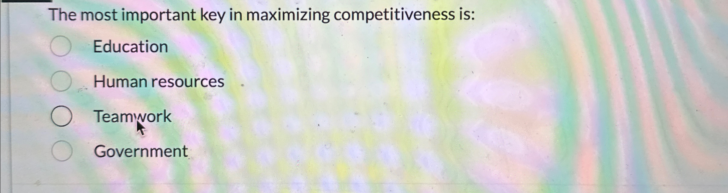  The most important key in maximizing competitiveness is: Education Human resources