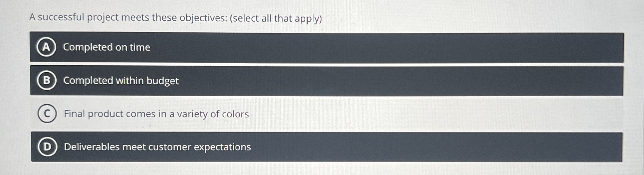  A successful project meets these objectives: (select all that apply) A