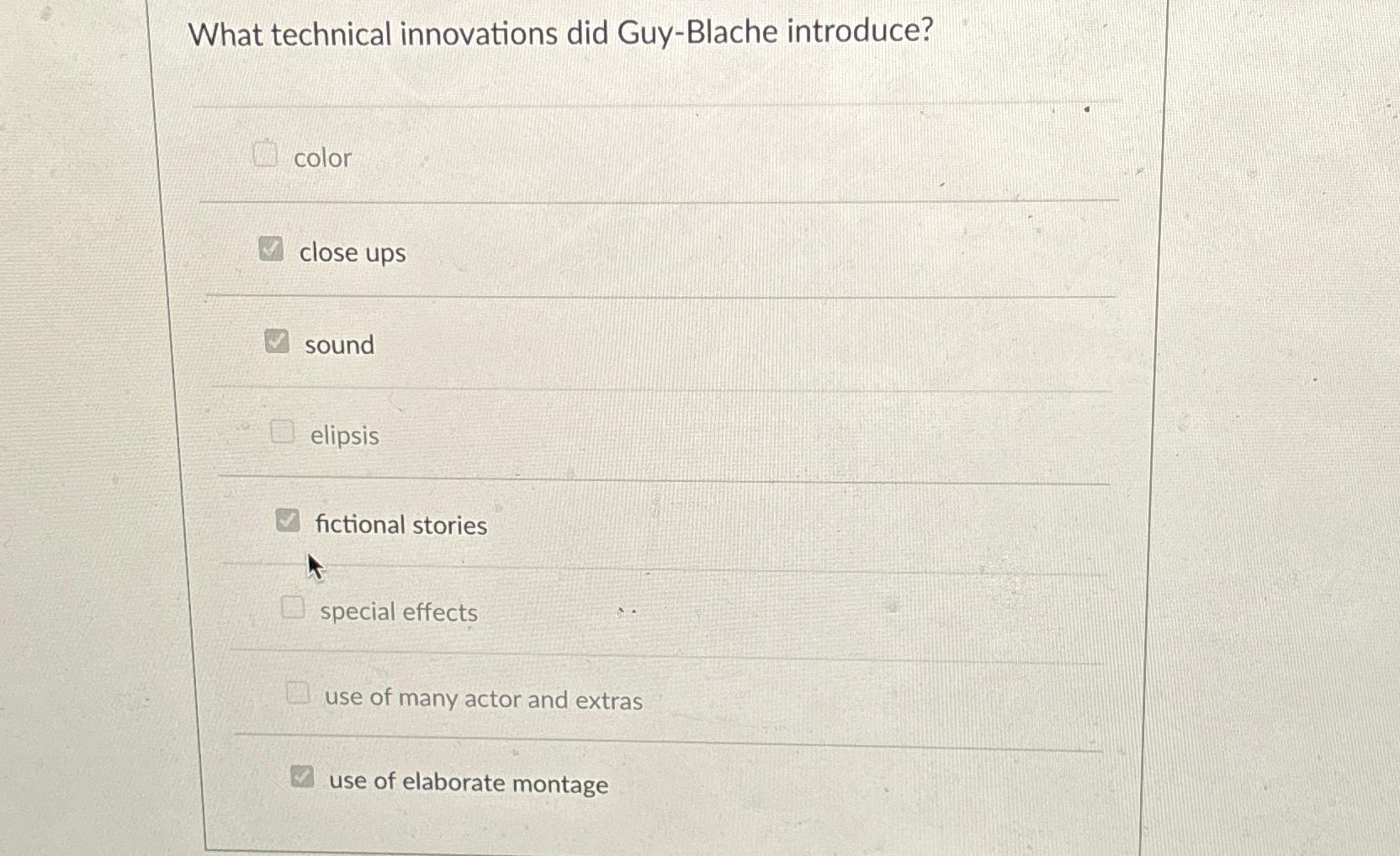  What technical innovations did Guy-Blache introduce? color close ups sound elipsis