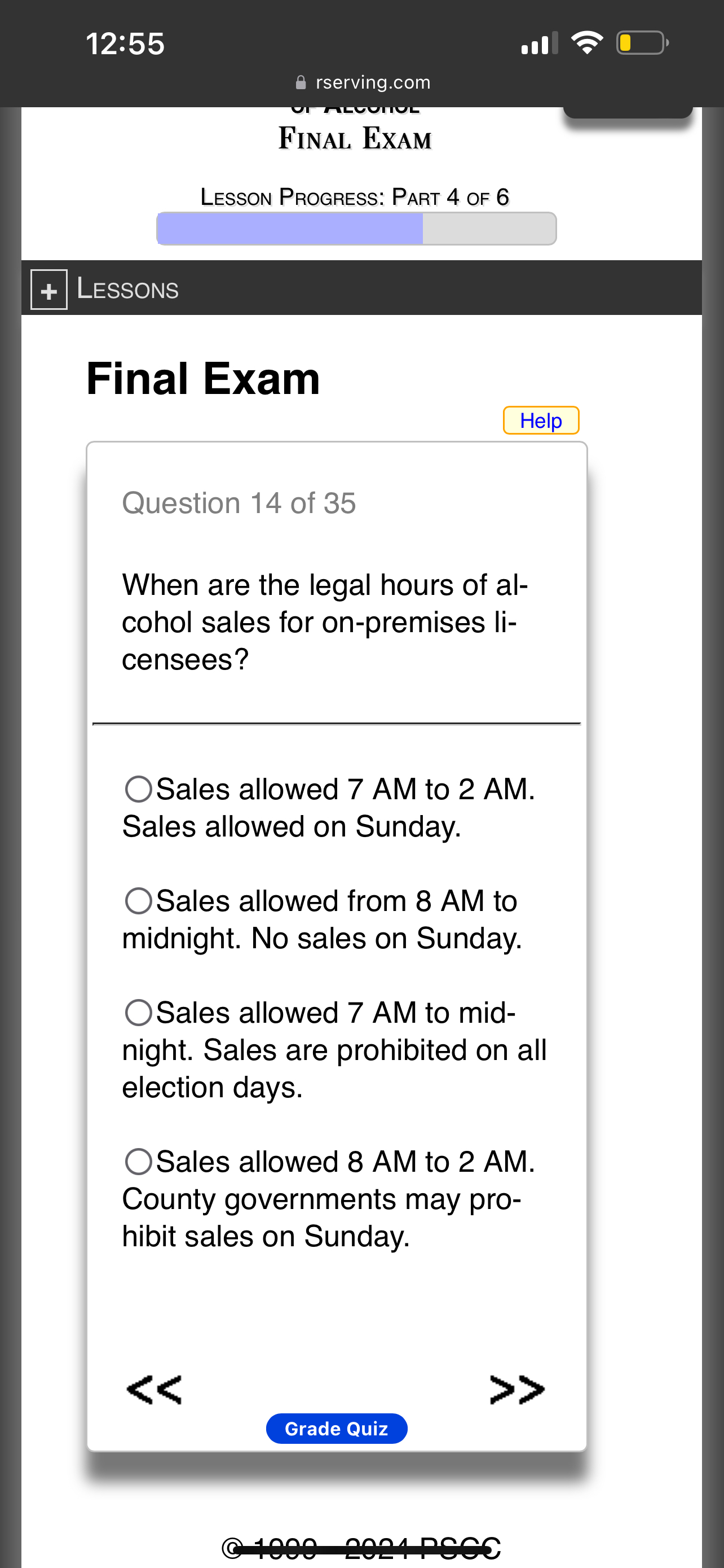  12:55 rserving.com Final Exam Lesson Progress: Part 4 of 6 LESSONS