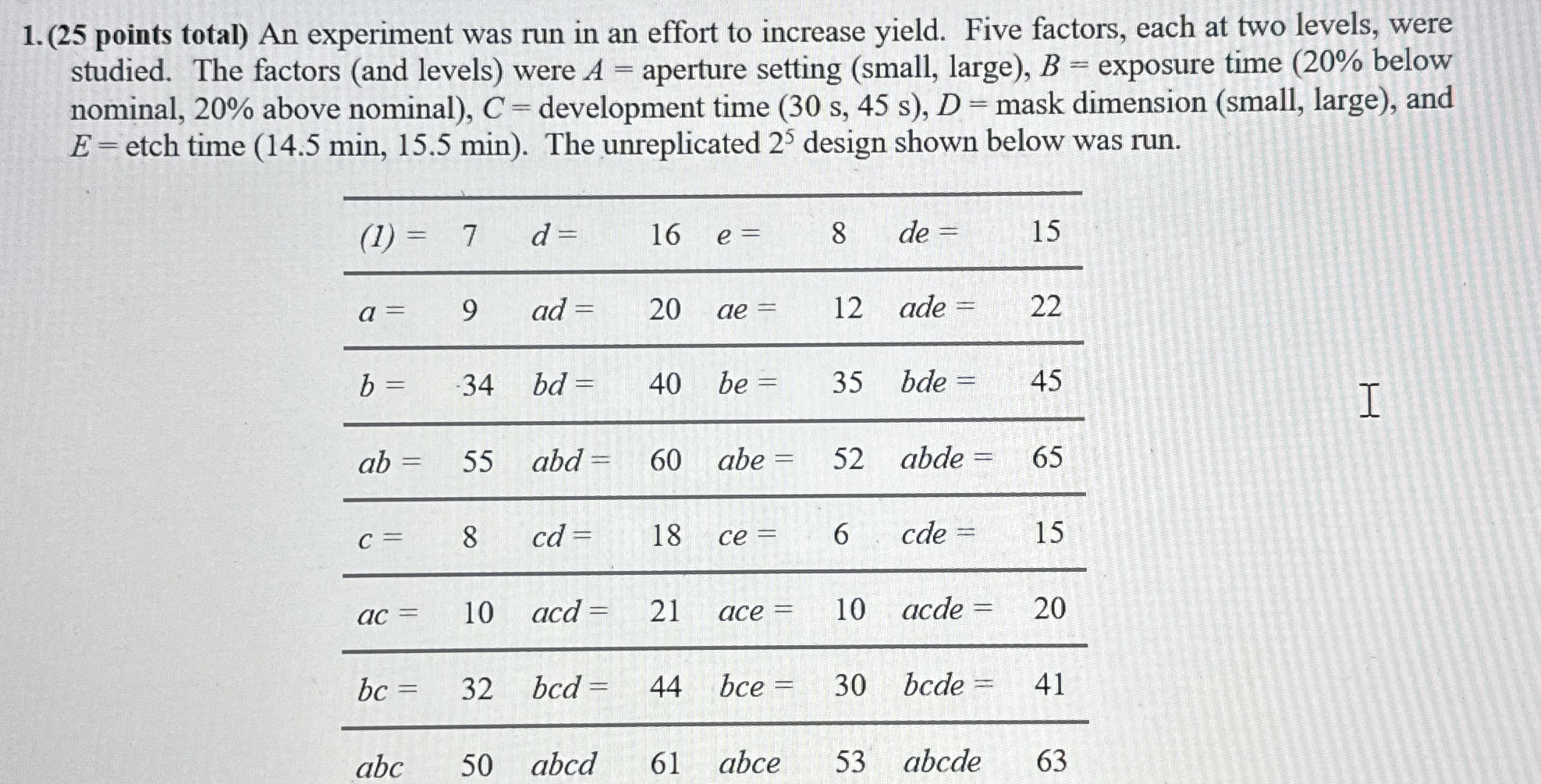  (25 points total) An experiment was run in an effort to