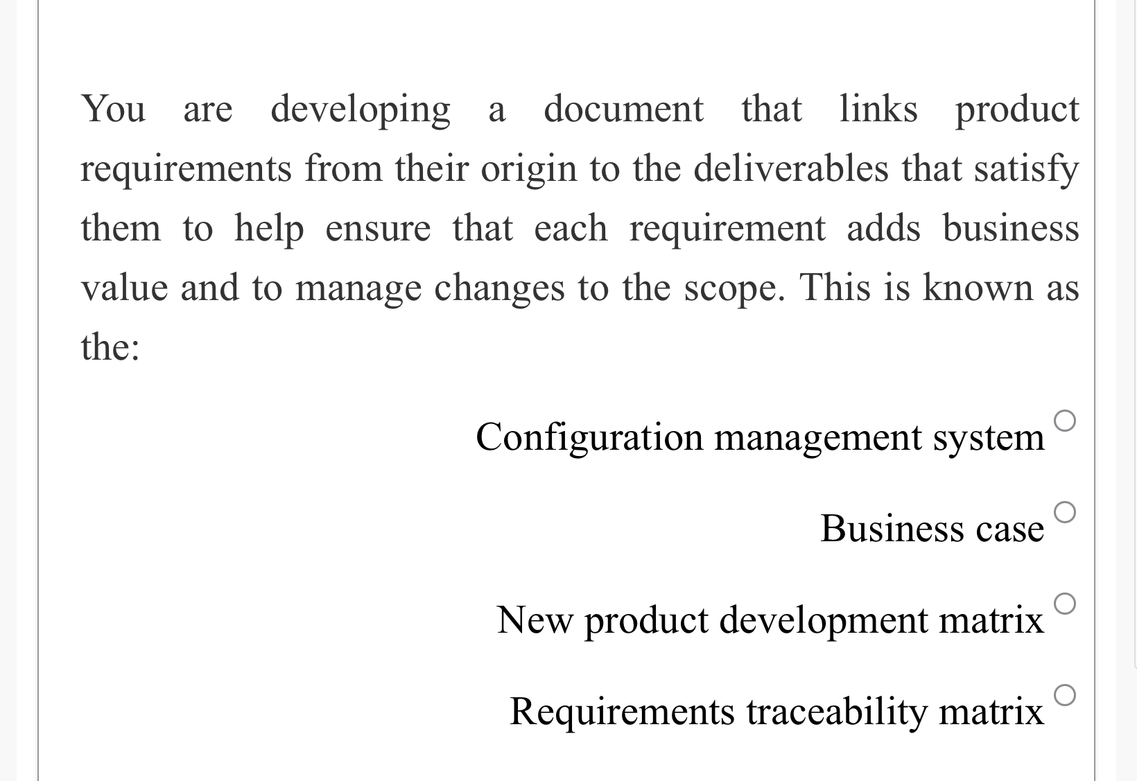  You are developing a document that links product requirements from their