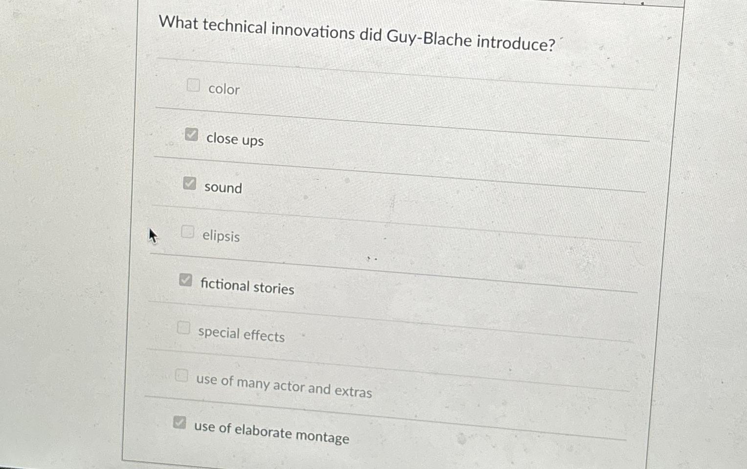  What technical innovations did Guy-Blache introduce? color close ups sound elipsis