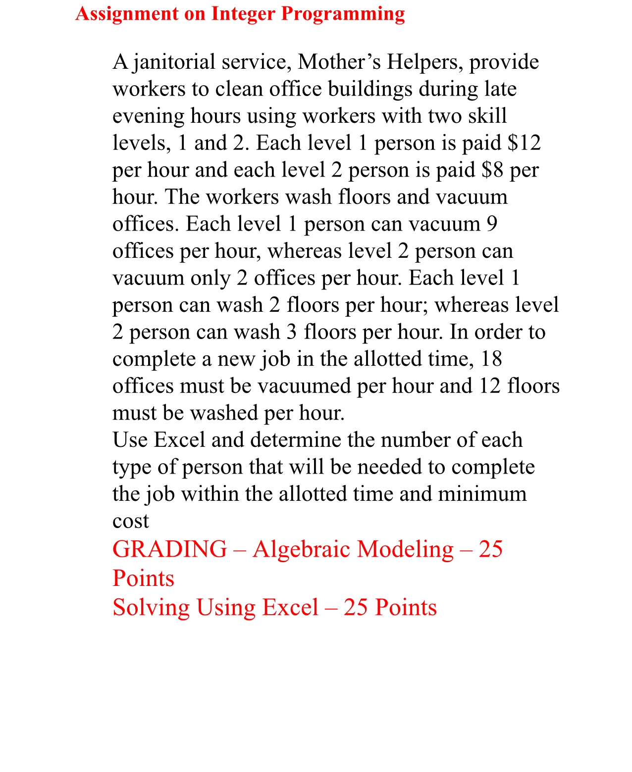  Assignment on Integer Programming A janitorial service, Mother's Helpers, provide workers