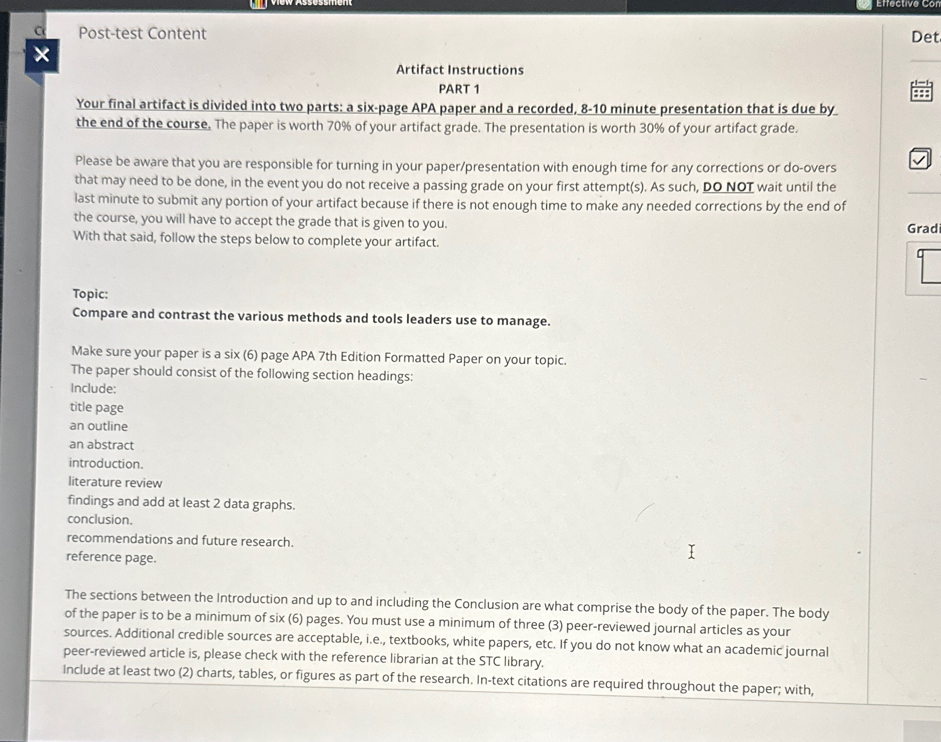  Post-test Content Artifact Instructions PART 1 Your final artifact is divided