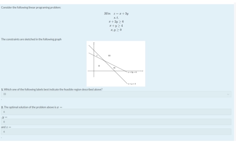  Consider the following linear programing problem: Min z=x+3y s.t. x+2y6 x+y4