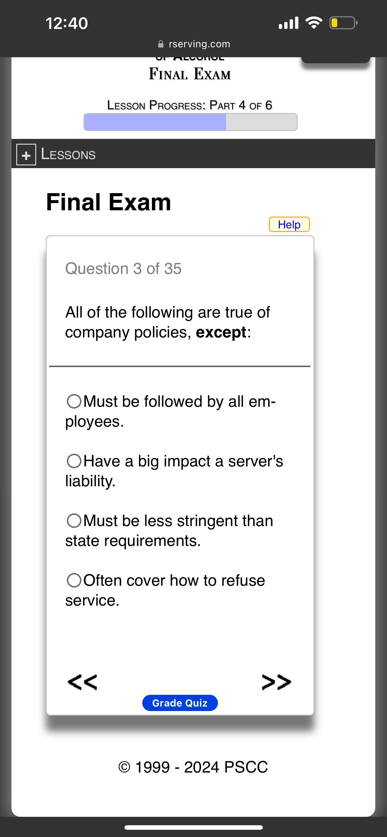  12:40 rserving.com Final Exam Lesson Progress: Part 4 of 6 LESSONS