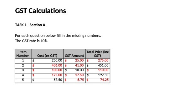 GST Calculations TASK 1 - Section A For each question below