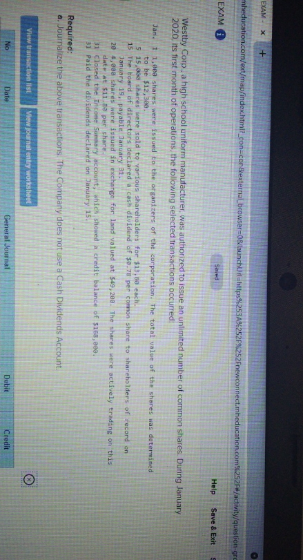 journal entries EXAM - mheducation.com/ext/map/index.html?_con=con&external browser=08launchUrl=https* 253A$62526%%252Fnewconnect.mheducation.com%252F#/activity/question-gr EXAM 8 Saved Help Save
