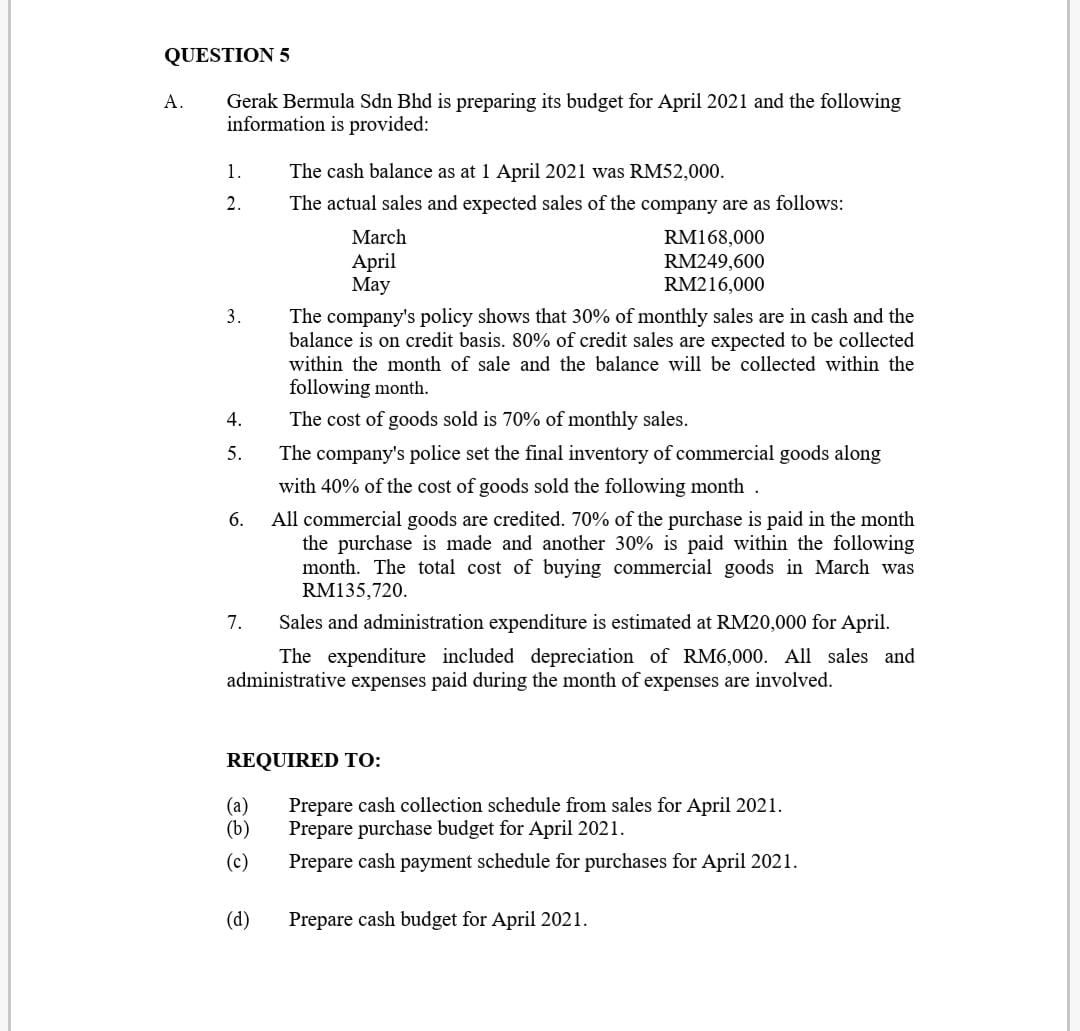 ACCOUNTING QUESTION QUESTION 5 A. Gerak Bermula Sdn Bhd is preparing its