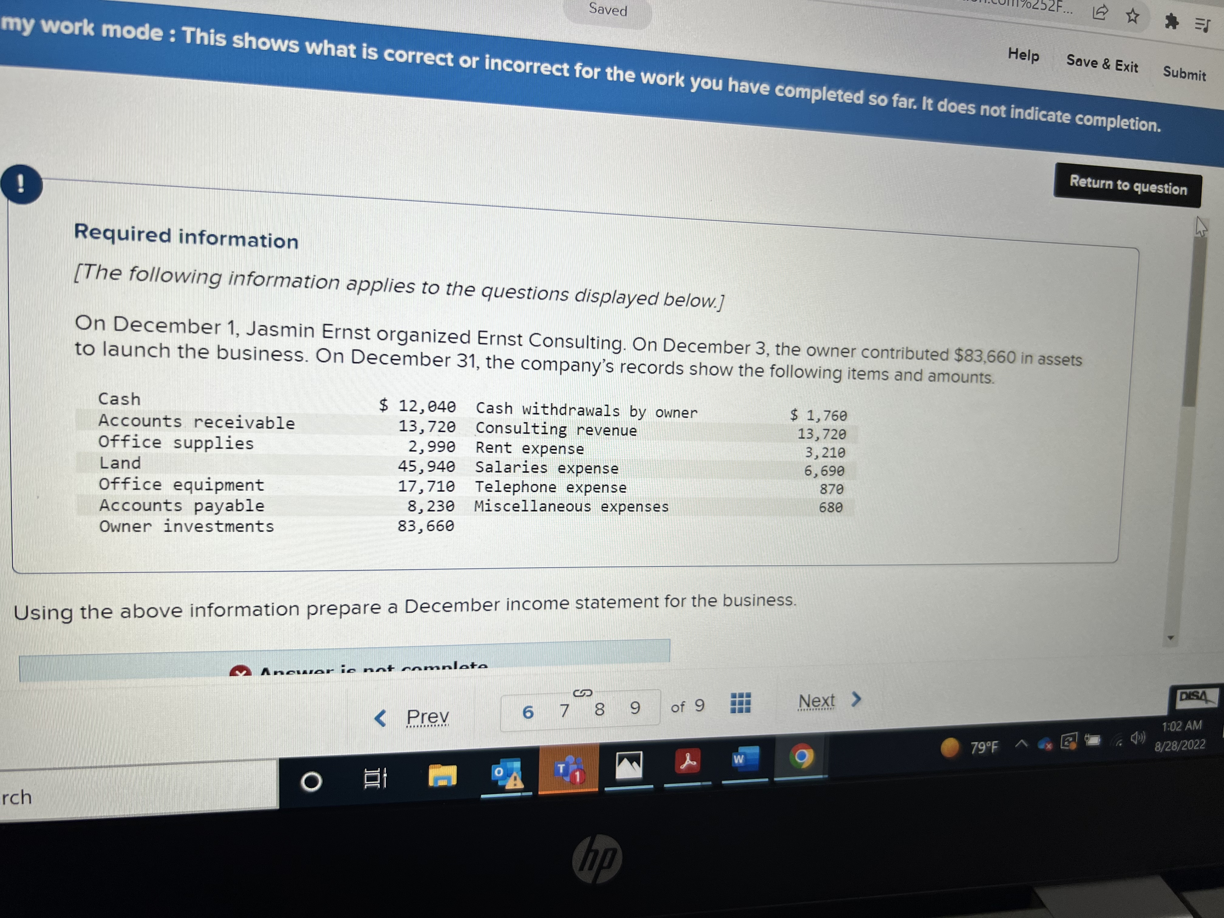 prepare a December income statement for the business. x Answer is not