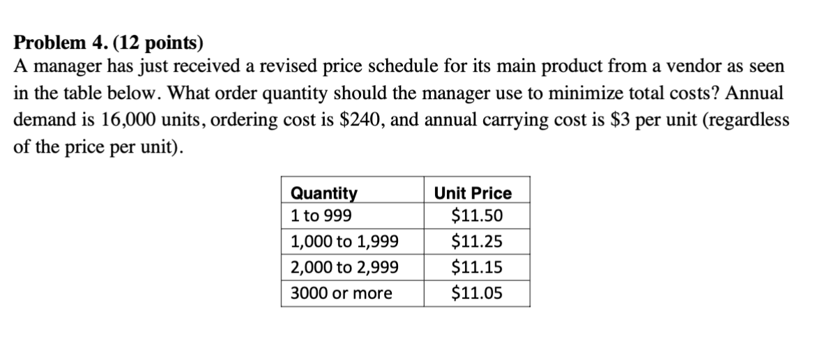  Problem 4.(12 points) A manager has just received a revised price