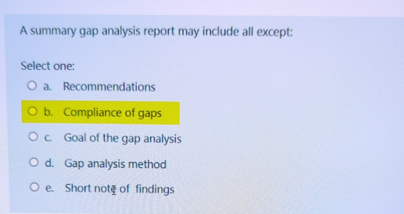  A summary gap analysis report may include all except: Select one: