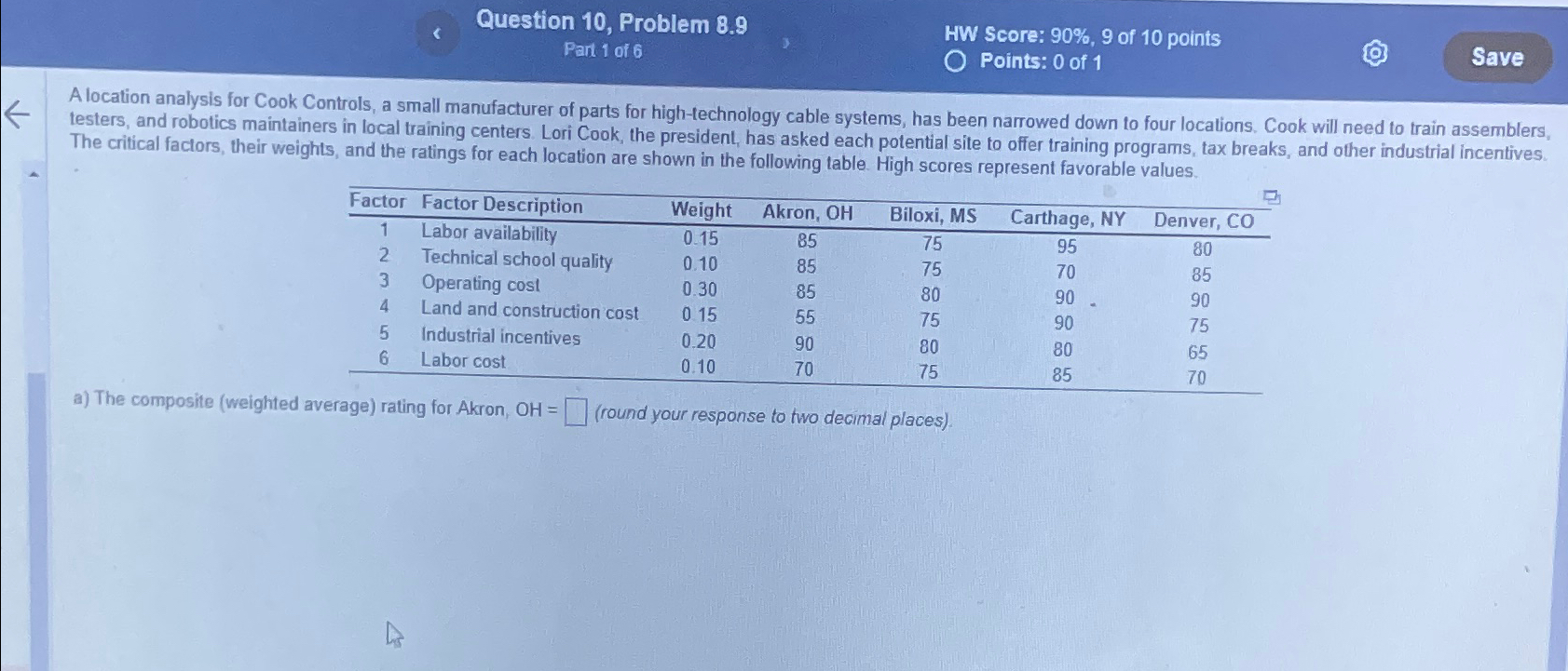  Question 10, Problem 8.9 Part 1 of 6 HW Score: 90%,9
