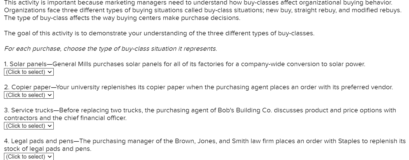  This activity is important because marketing managers need to understand how