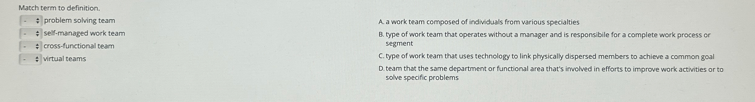  Match term to definition. problem solving team self-managed work team cross-functional