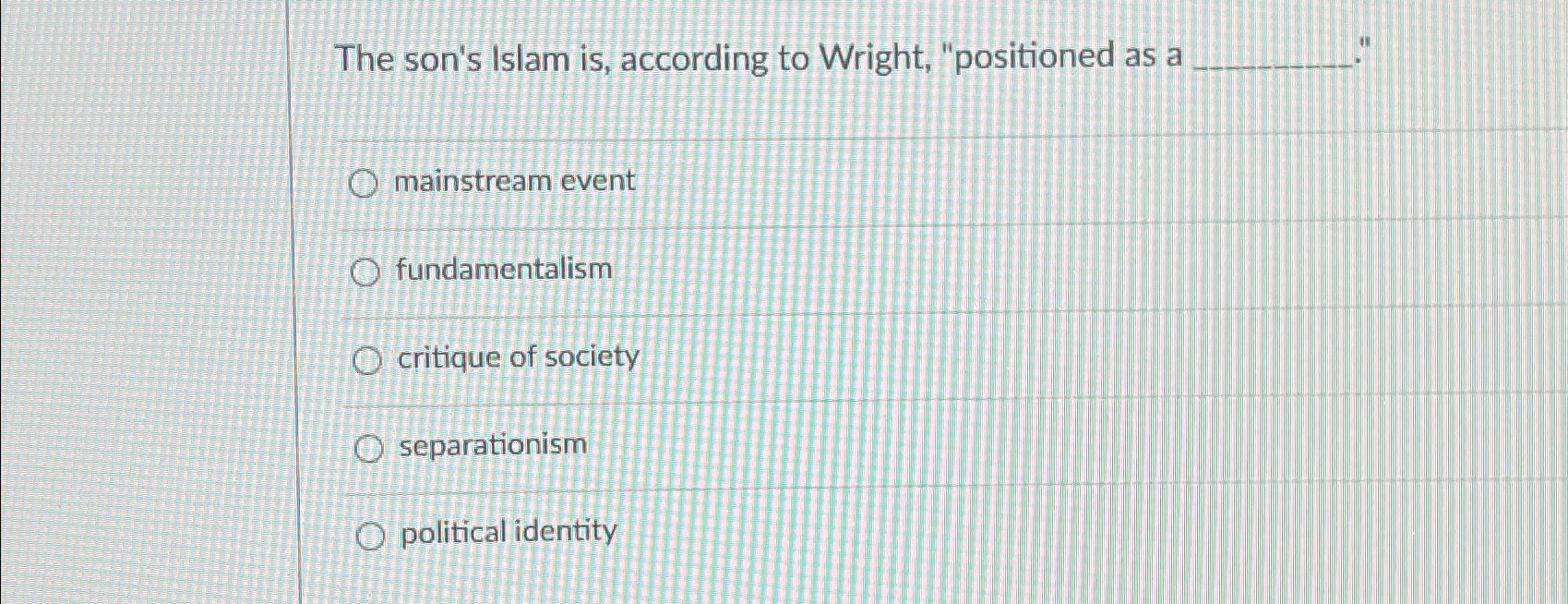  The son's Islam is, according to Wright, "positioned as a mainstream