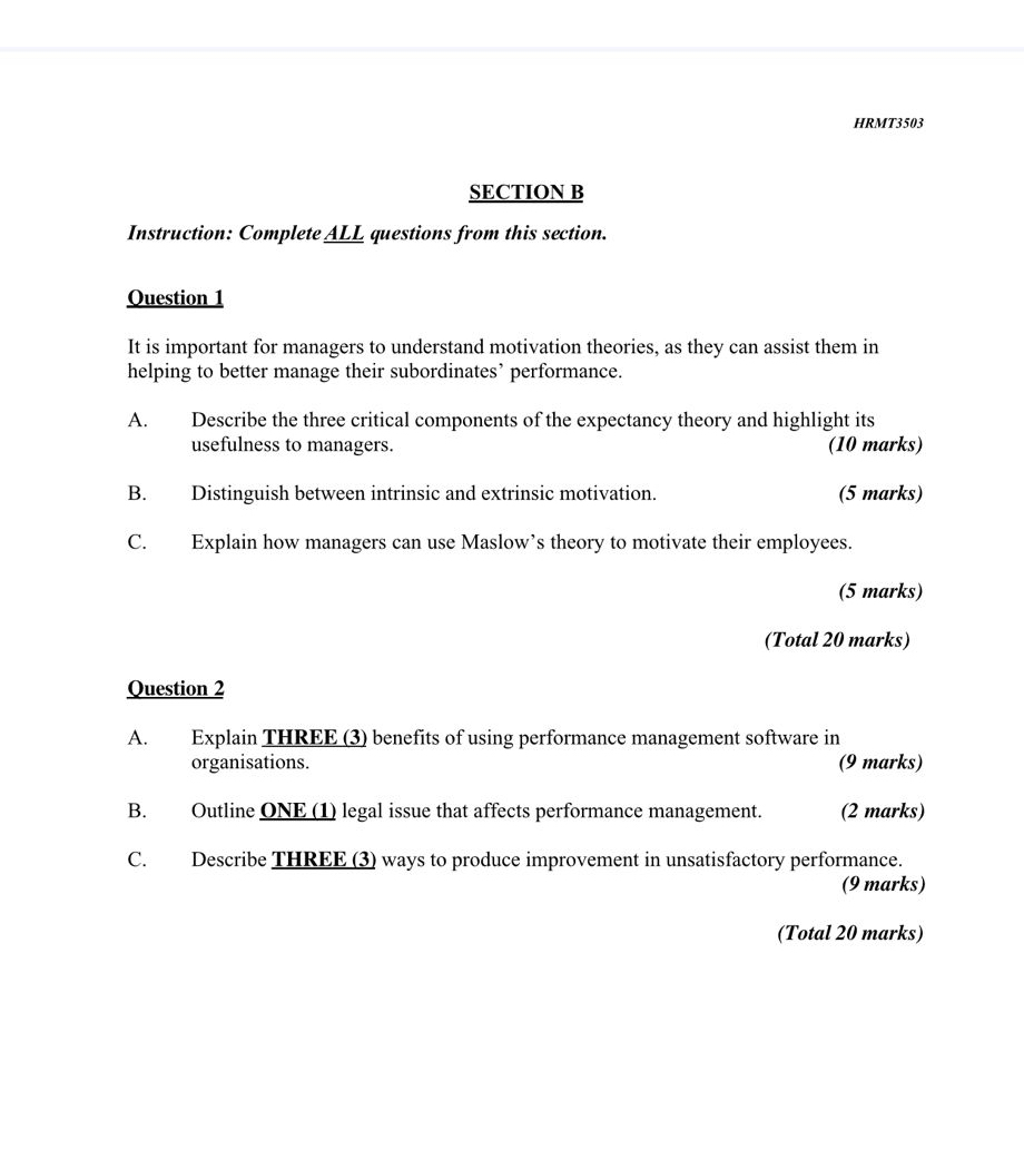  HRMT3503 SECTION B Instruction: Complete ALL ?() questions from this section.