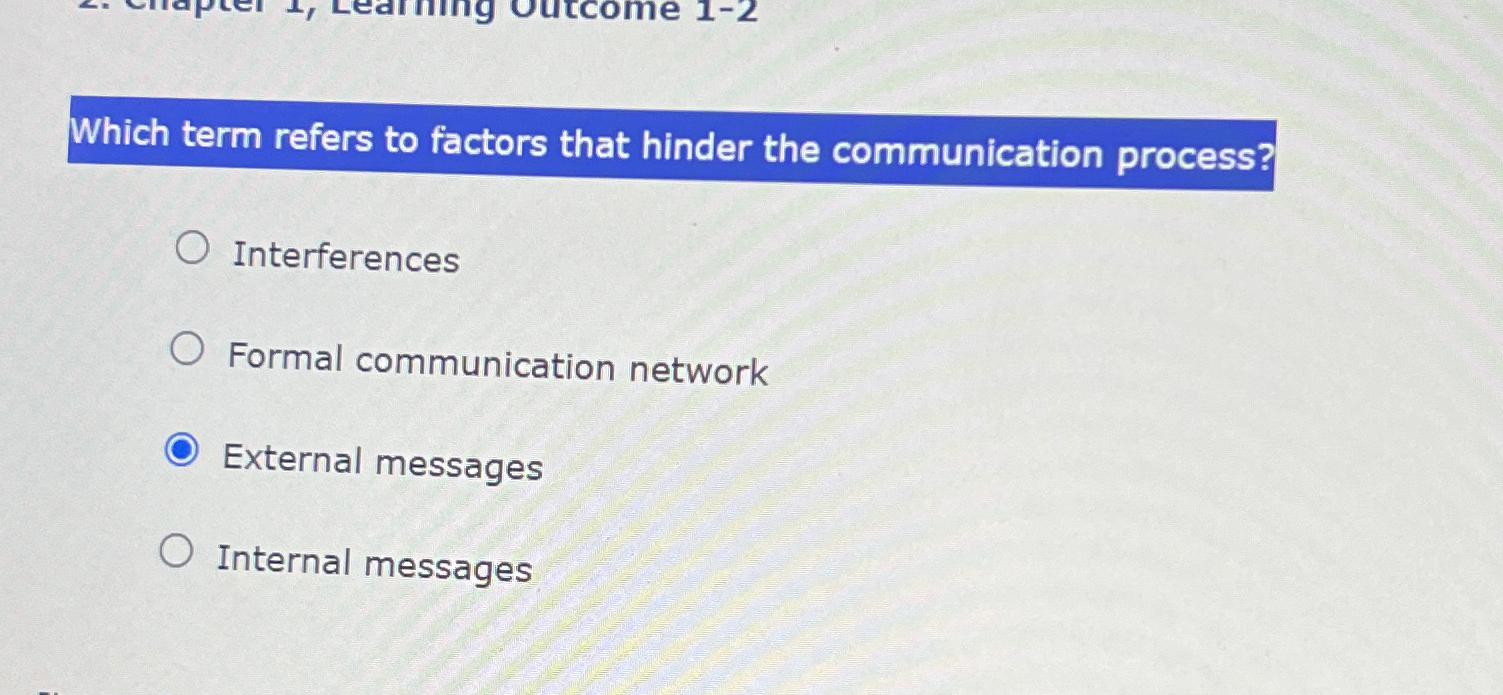  Which term refers to factors that hinder the communication process? Interferences