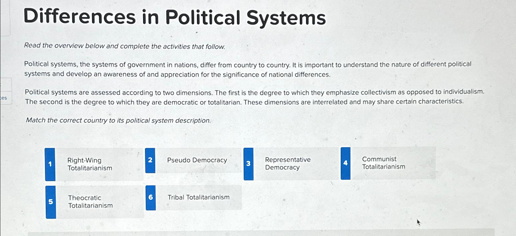  Differences in Political Systems Read the overview below and complete the