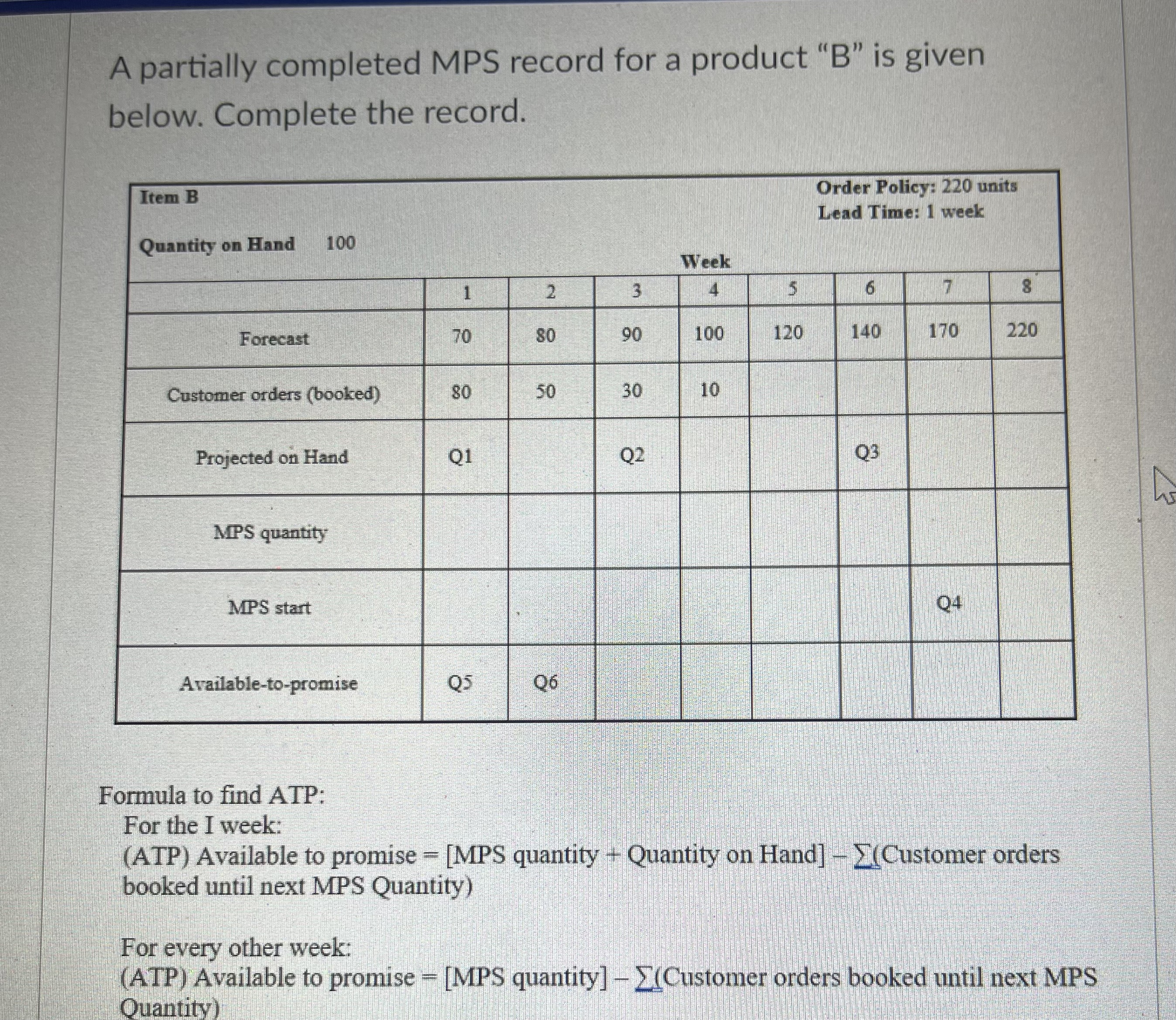 A partially completed MPS record for a product "B" is given