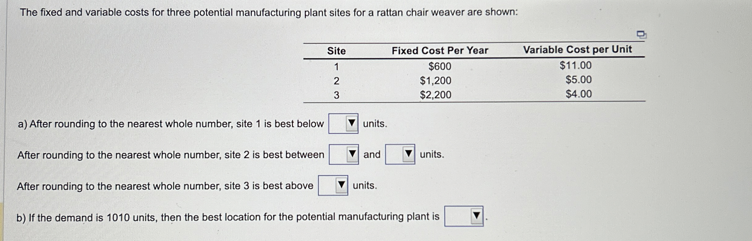  The fixed and variable costs for three potential manufacturing plant sites