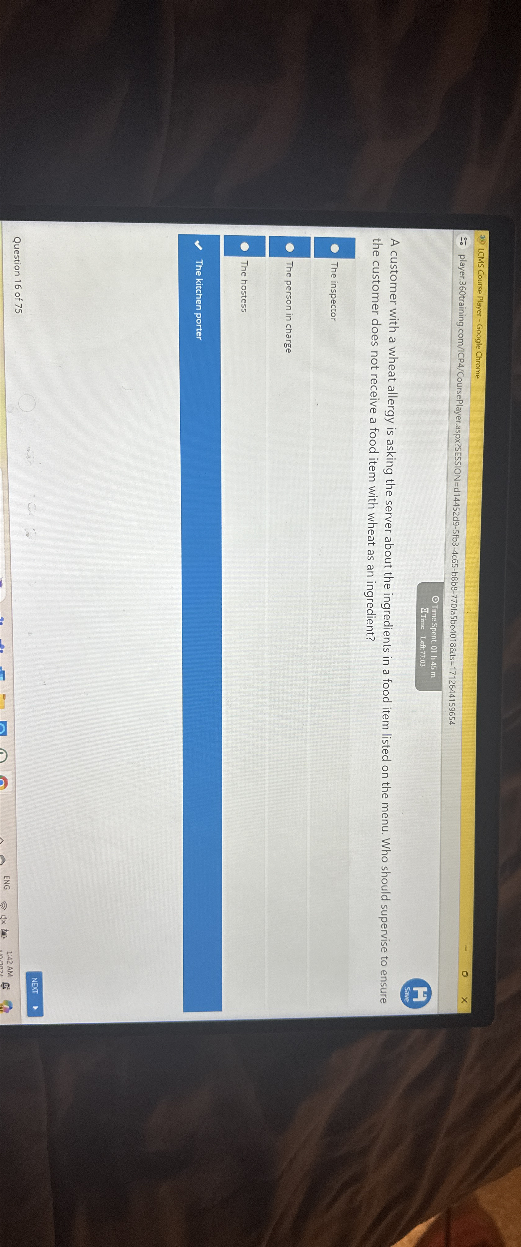  LCMS Course Player - Google Chrome player.360training.com/ICP4/CoursePlayer.aspx?SESSION=d14452d9-5fb3-4c65-b8b8-770fa5be4018&ts=1712644159654 (3) Time Spent: 01h45m