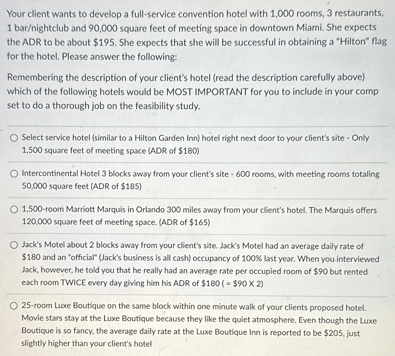  Your client wants to develop a full-service convention hotel with 1,000