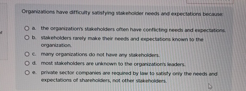  Organizations have difficulty satisfying stakeholder needs and expectations because: a. the