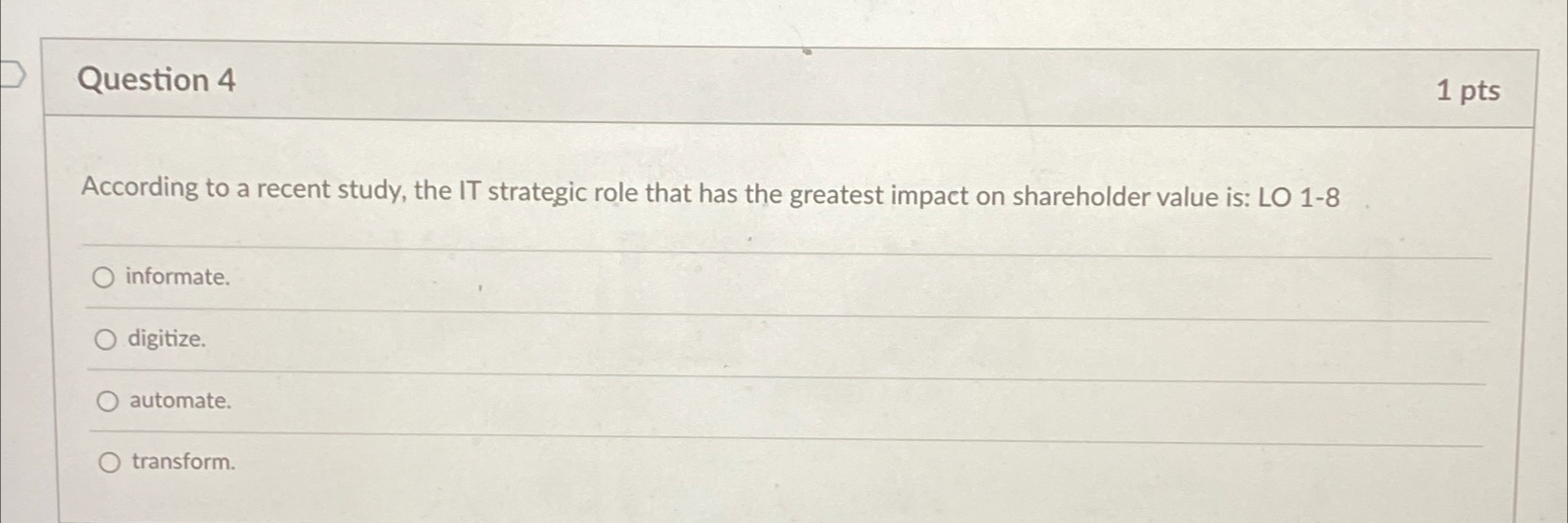  Question 4 1pts According to a recent study, the IT strategic