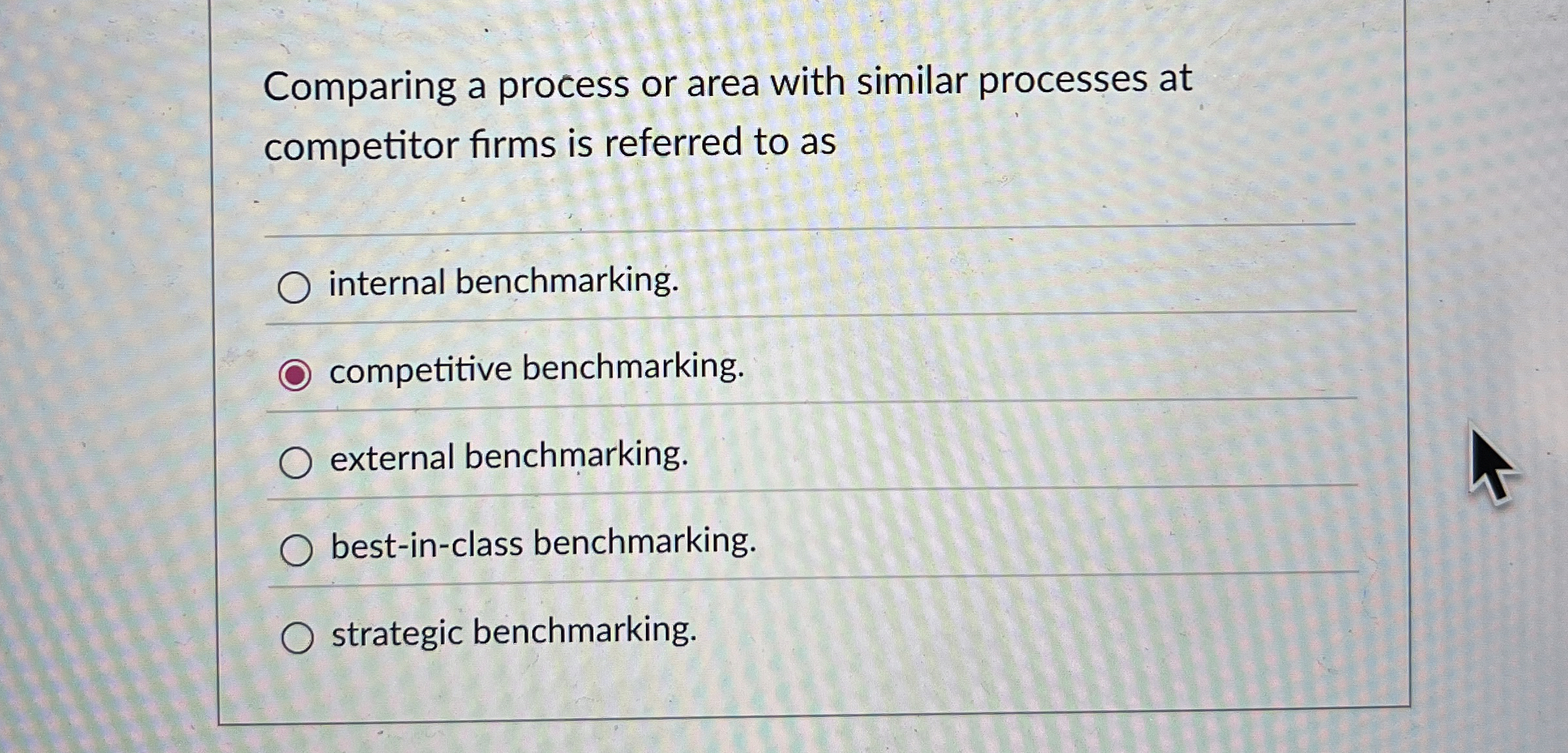  Comparing a process or area with similar processes at competitor firms