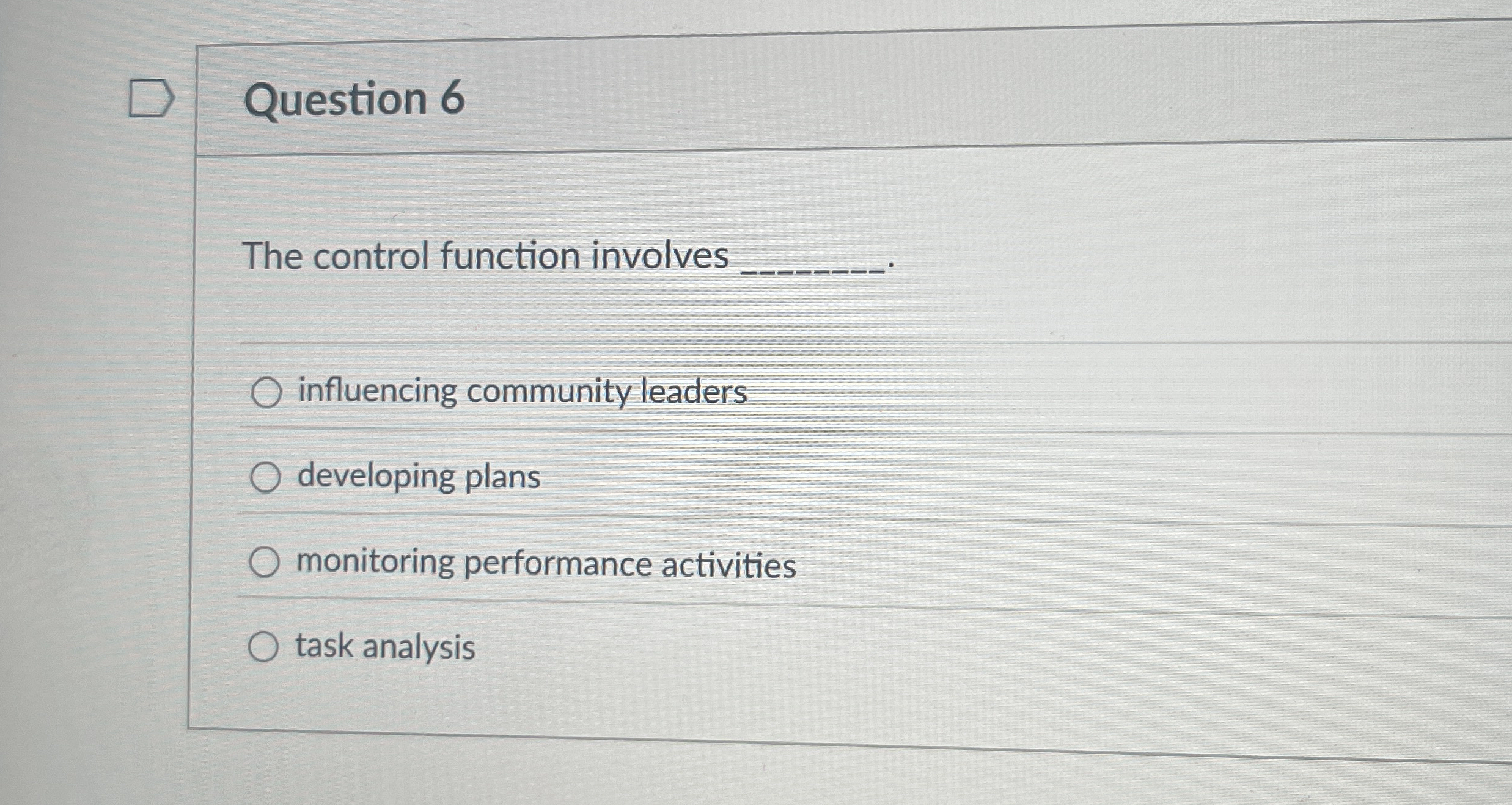  Question 6 The control function involves q, influencing community leaders developing