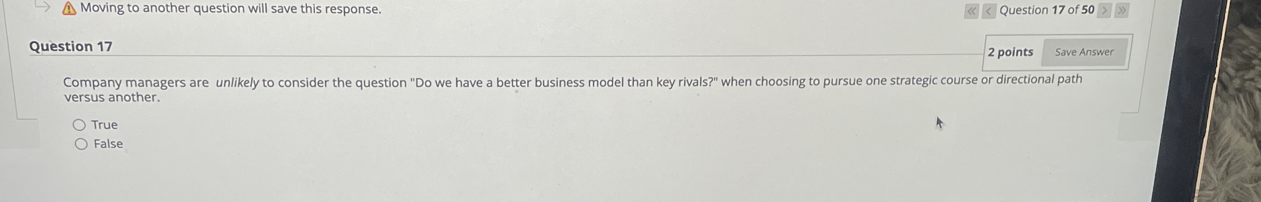  Moving to another question will save this response. Question 17 of