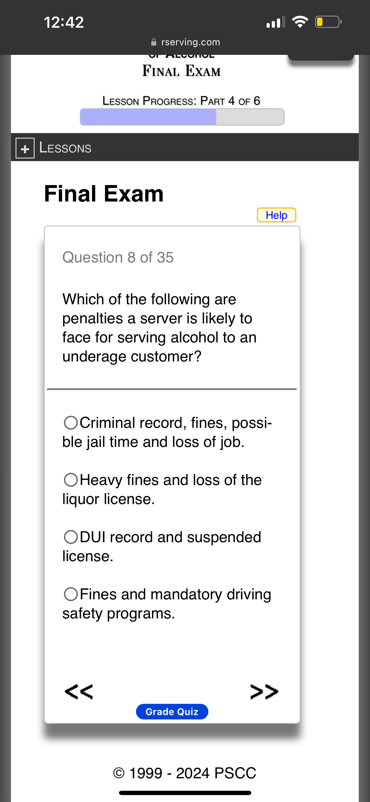  12:42 rserving.com Final Exam Lesson Progress: Part 4 of 6 LESSONS