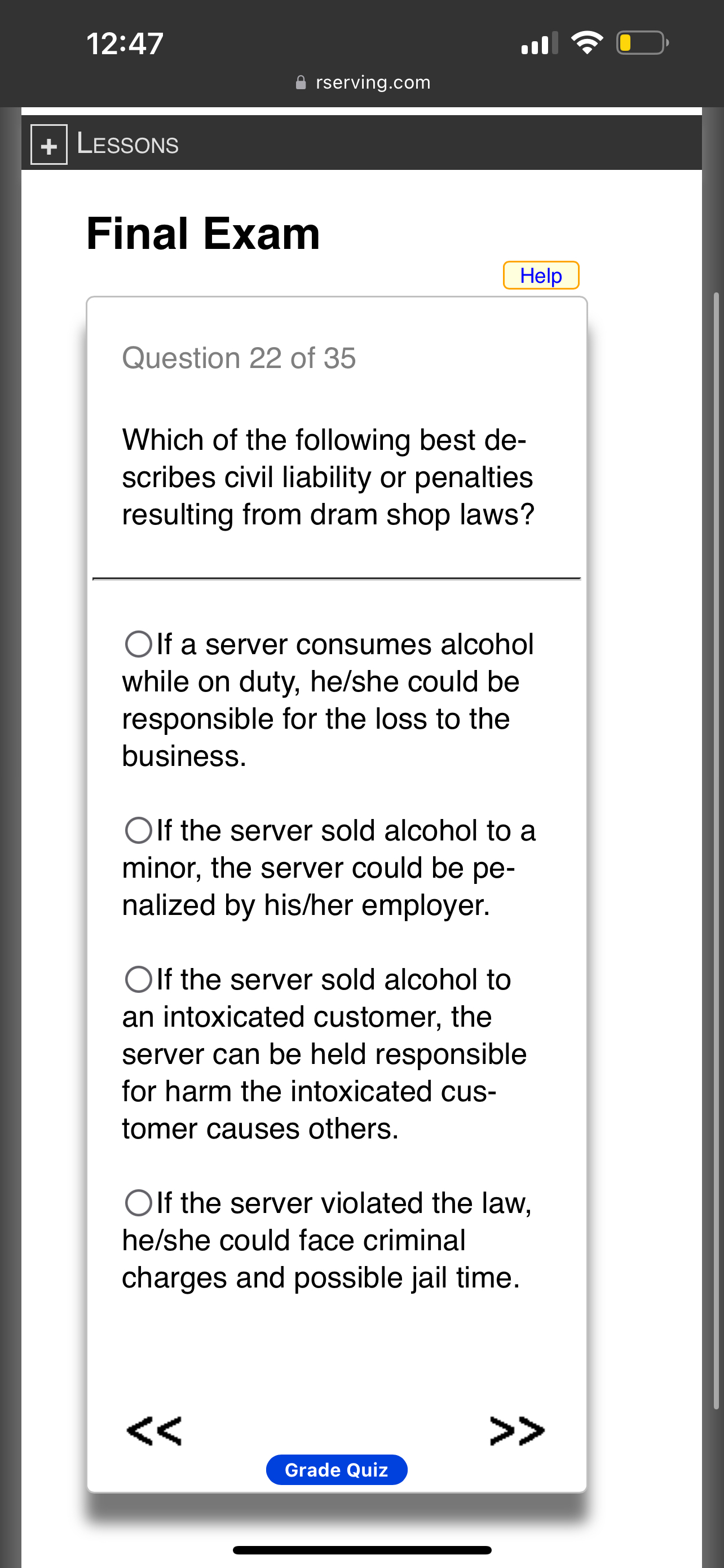  12:47 rserving.com LESSONS Final Exam Help Question 22 of 35 Which