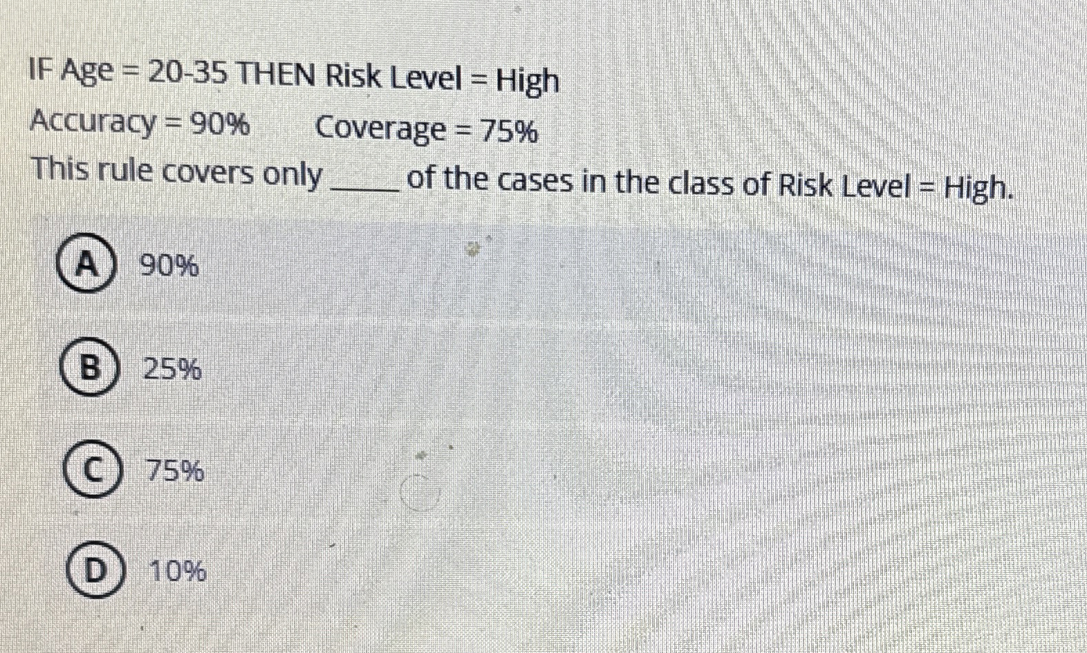 IF Age =20-35 THEN Risk Level = High Accuracy =90%, Coverage