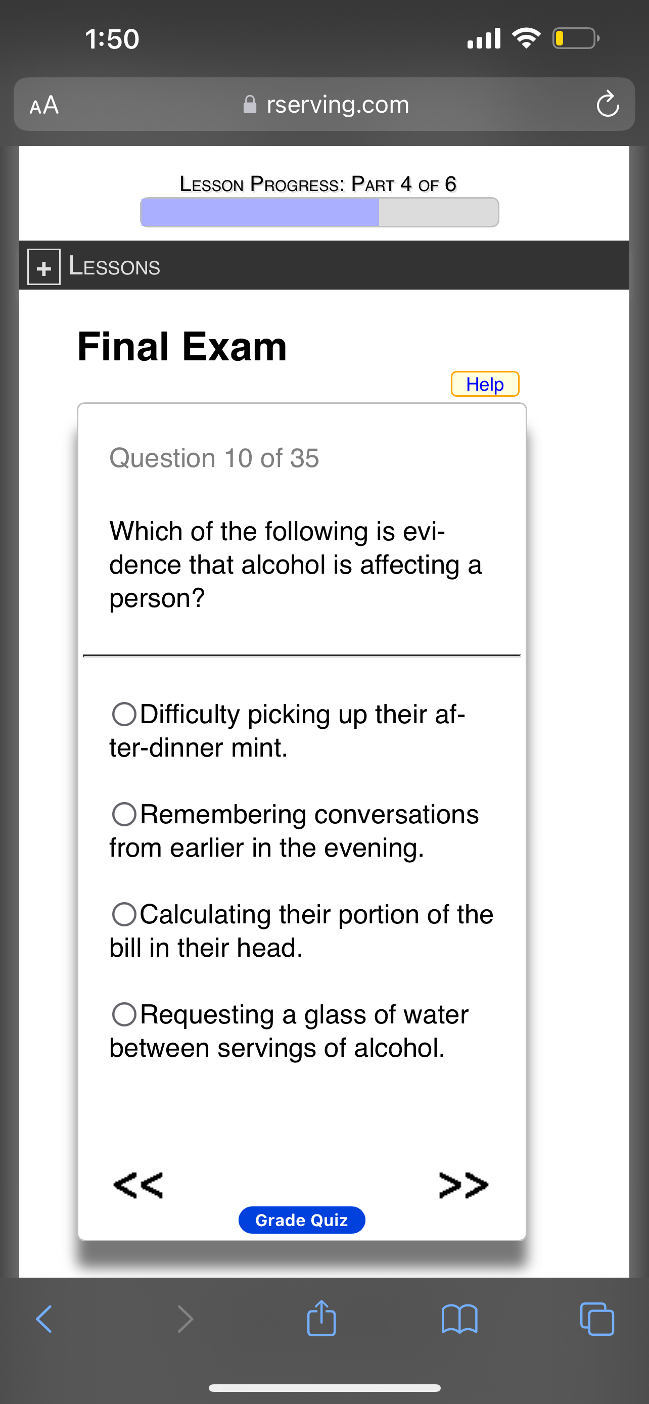  1:50 AA rserving.com Lesson Progress: Part 4 of 6 LESSONS Final