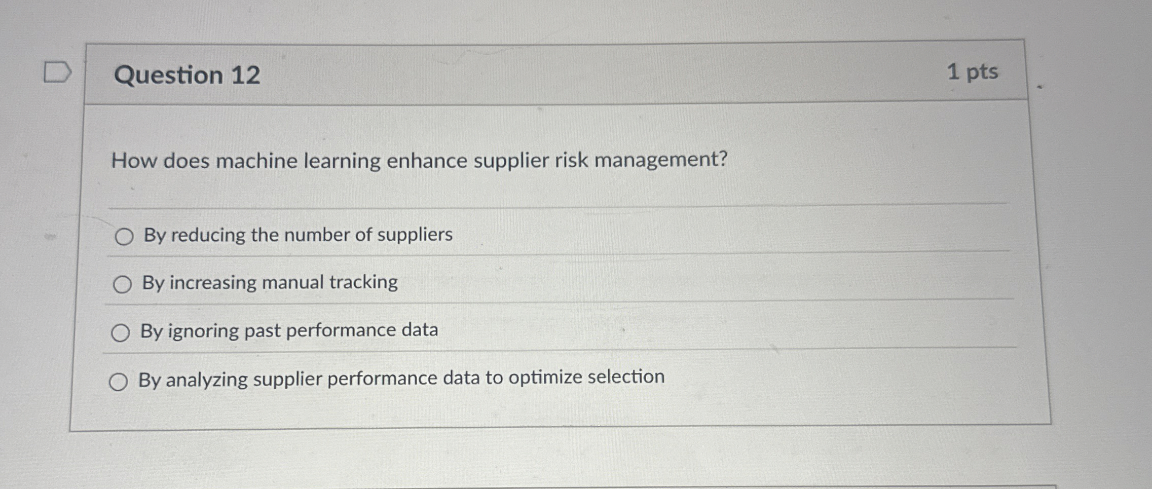  Question 12 1 pts How does machine learning enhance supplier risk