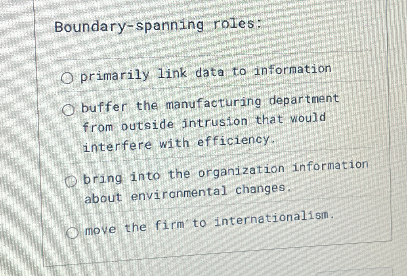  Boundary-spanning roles: primarily link data to information buffer the manufacturing department