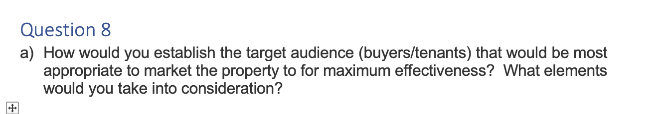  Question 8 a) How would you establish the target audience (buyers/tenants)