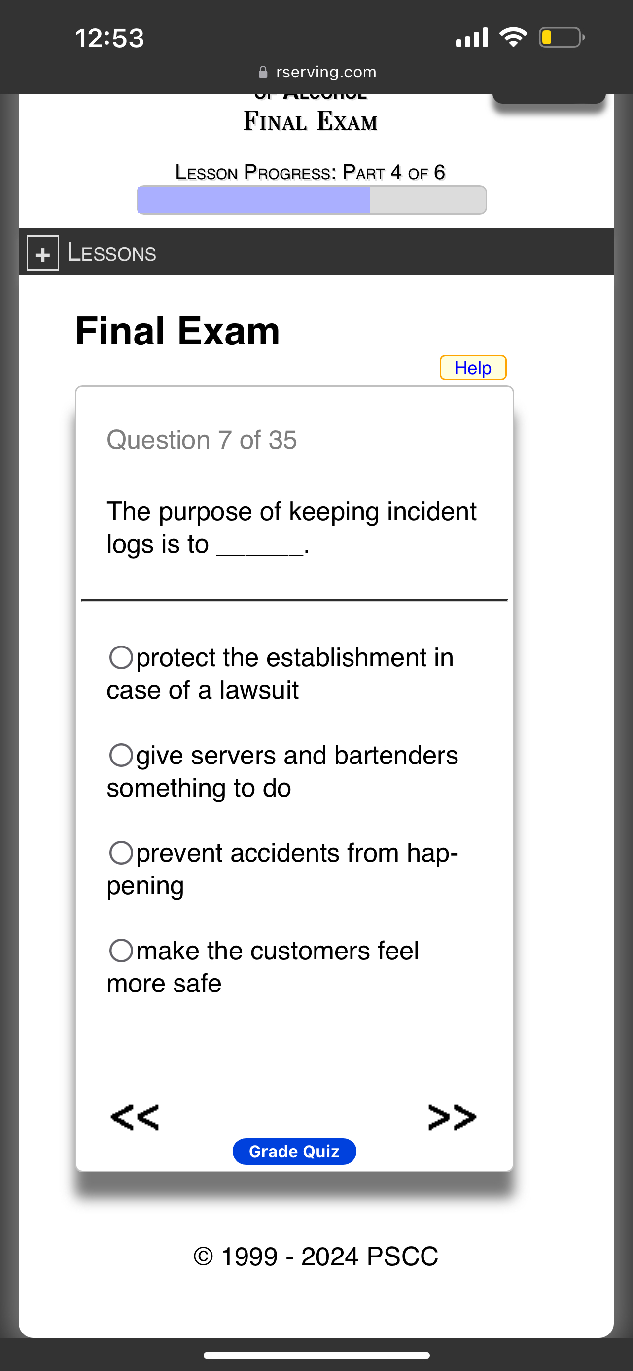  12:53 rserving.com Final Exam Lesson Progress: Part 4 of 6 LESSONS