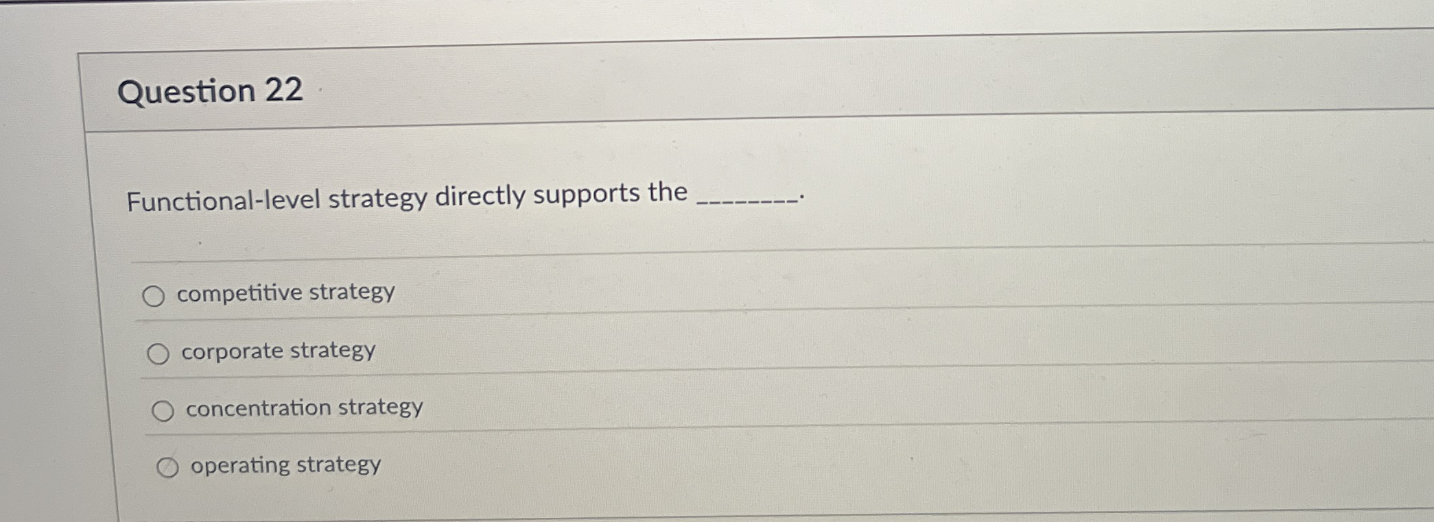  Question 22 Functional-level strategy directly supports the competitive strategy corporate strategy