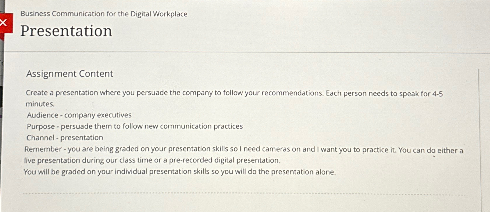  Business Communication for the Digital Workplace Presentation Assignment Content Create a