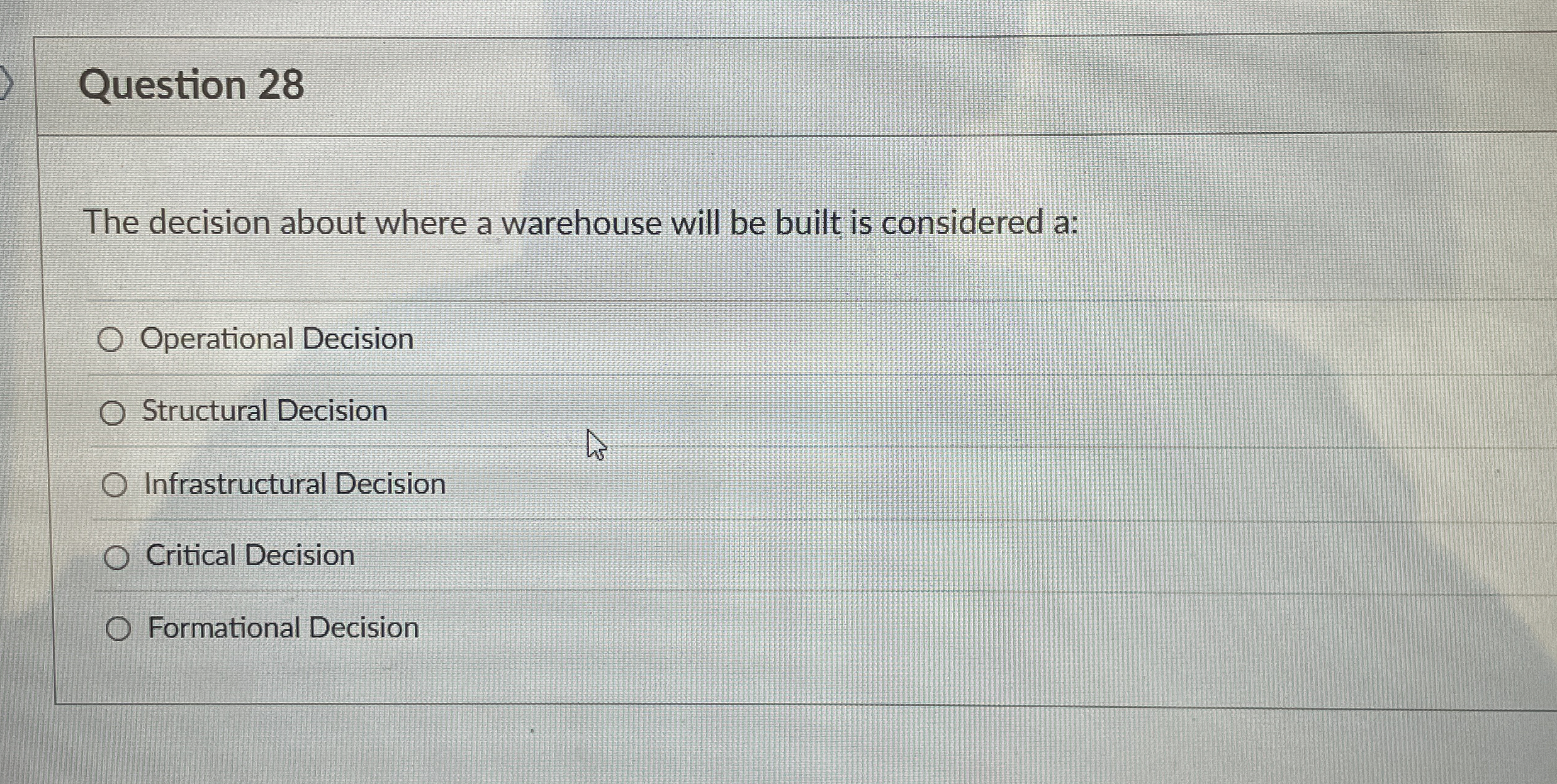  Question 28 The decision about where a warehouse will be built