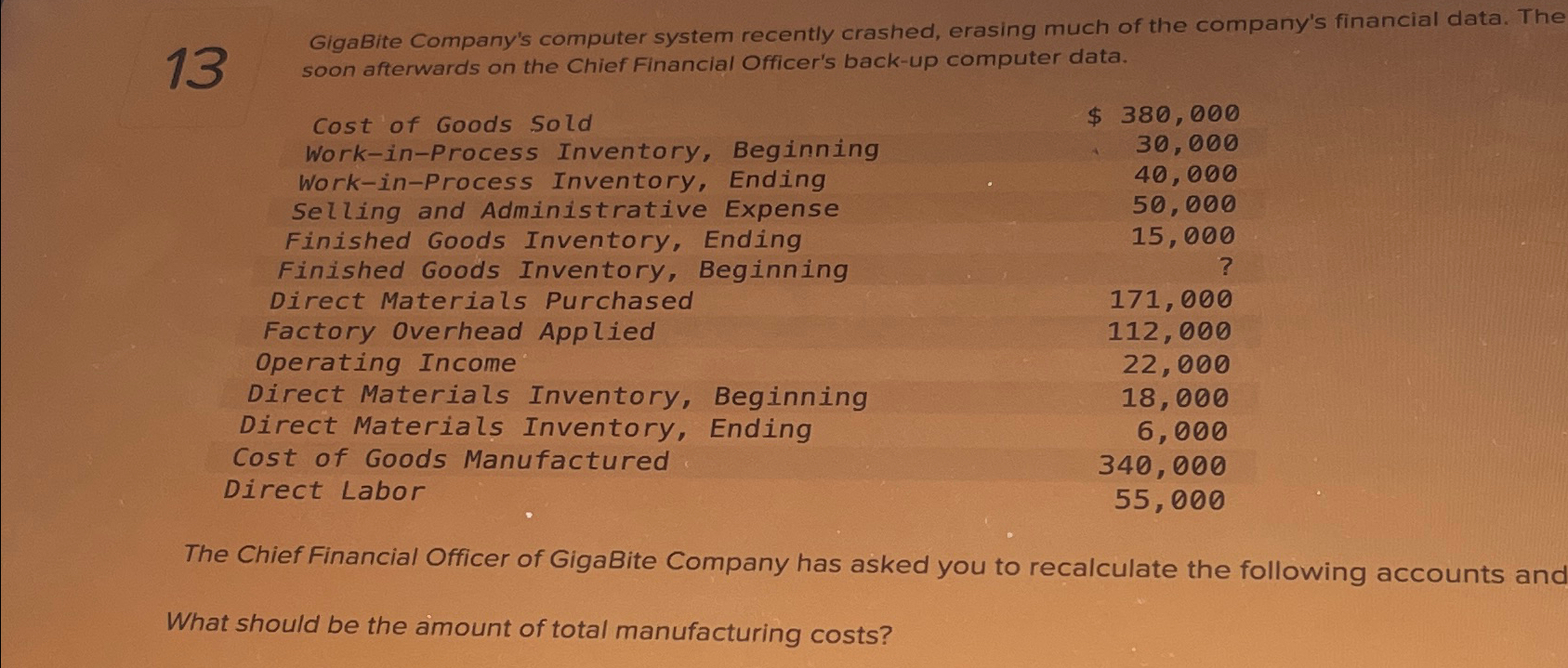  13 GigaBite Company's computer system recently crashed, erasing much of the