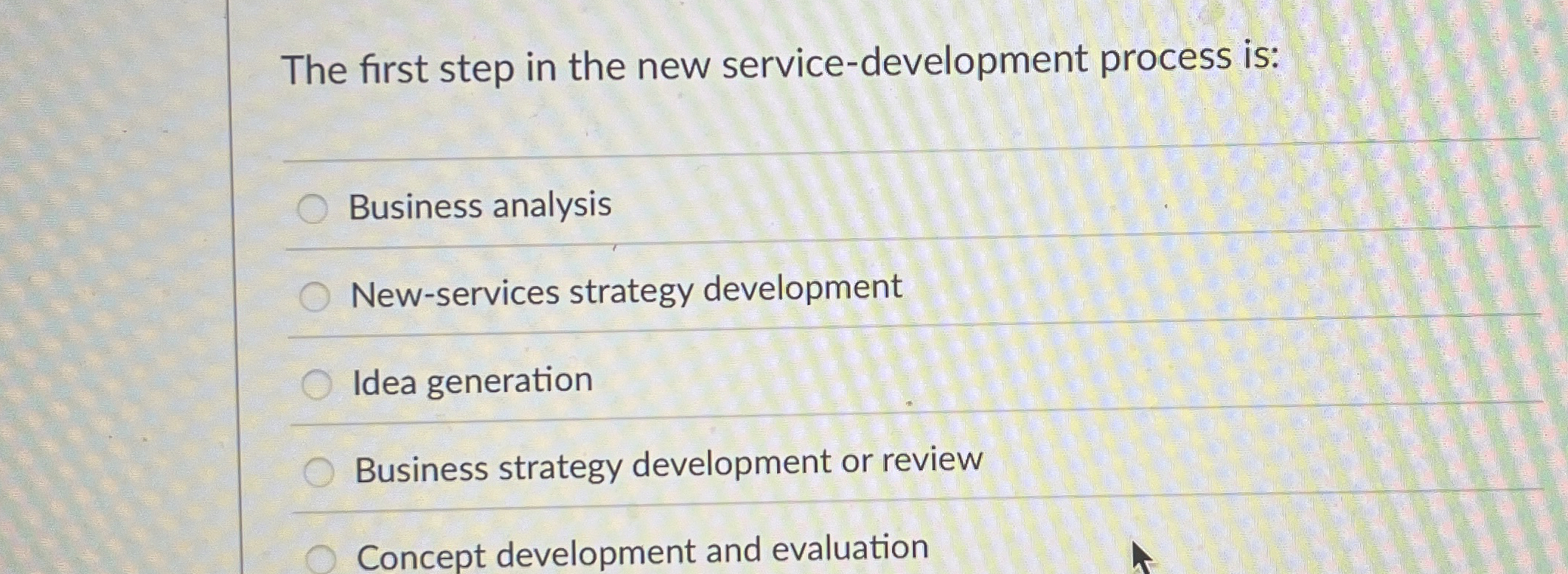  The first step in the new service-development process is: Business analysis