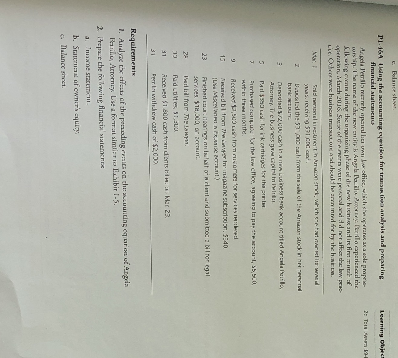 P1-46A Using the accounting equation for transaction analysis and preparing Learning