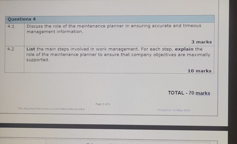  Questions 4 \table[[4.1,\table[[Discuss the role of the maintenance planner in ensuring