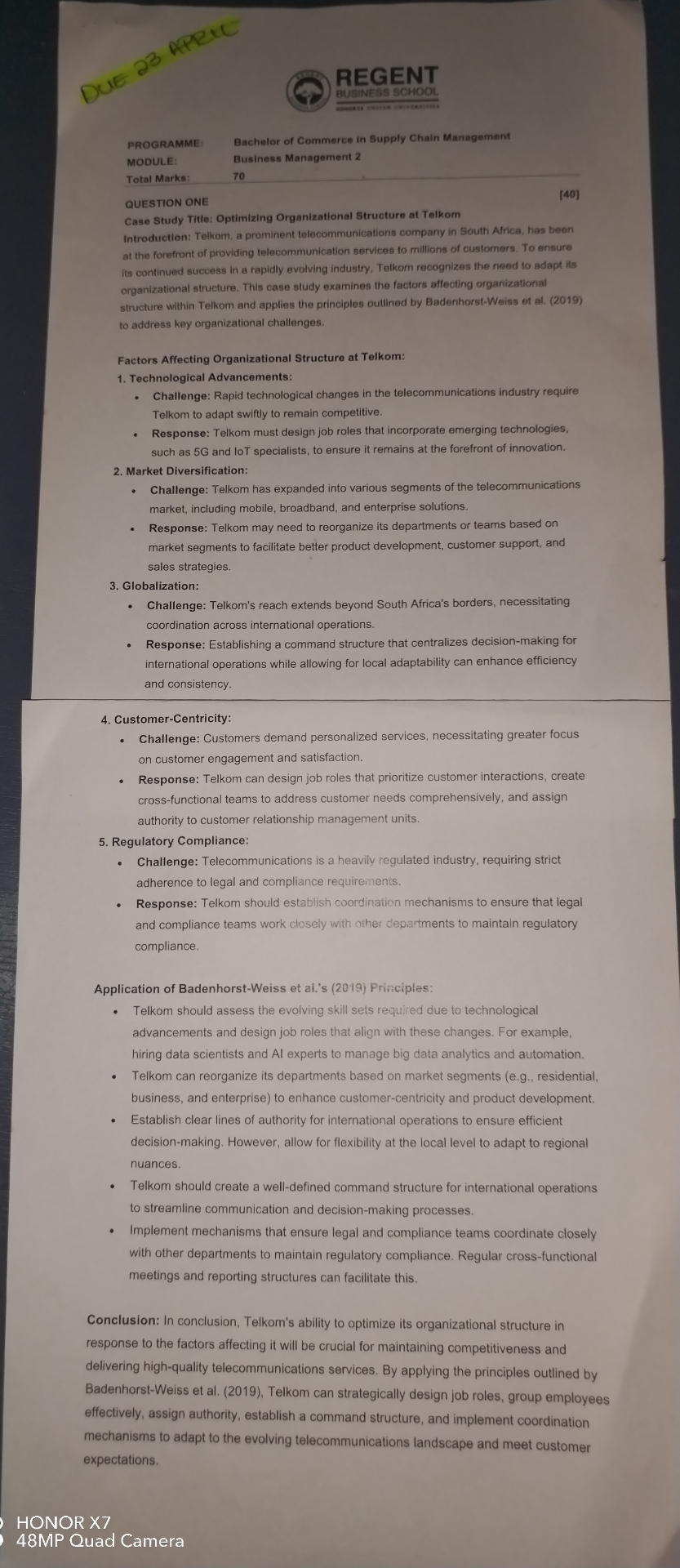  PROGRAMME: MODULE: Total Mark: QUESTION ONE Case Study Title: Optimizing Organizational